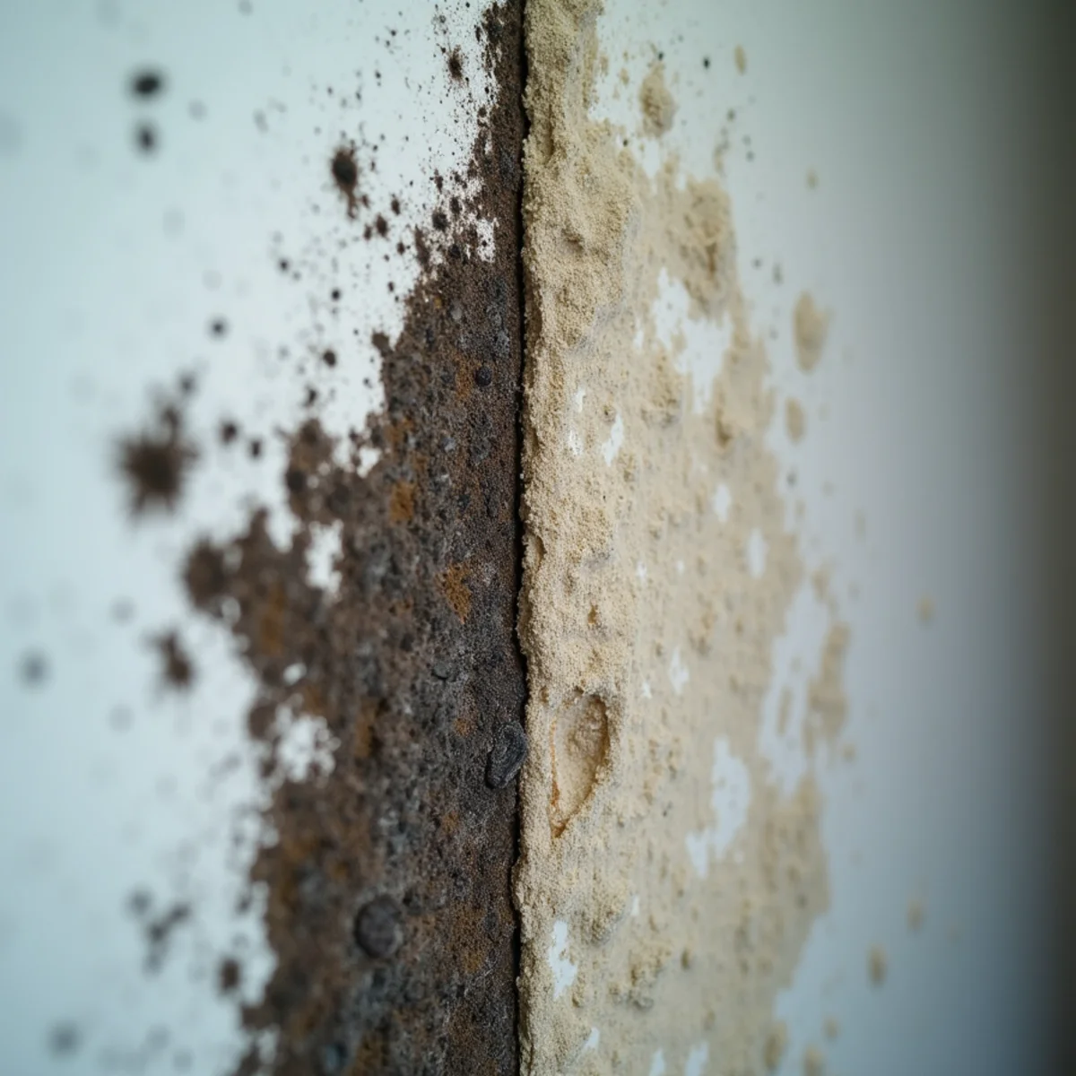 Comparison of surface mildew and deeper mold growth on a wall in a Rocklin, CA home