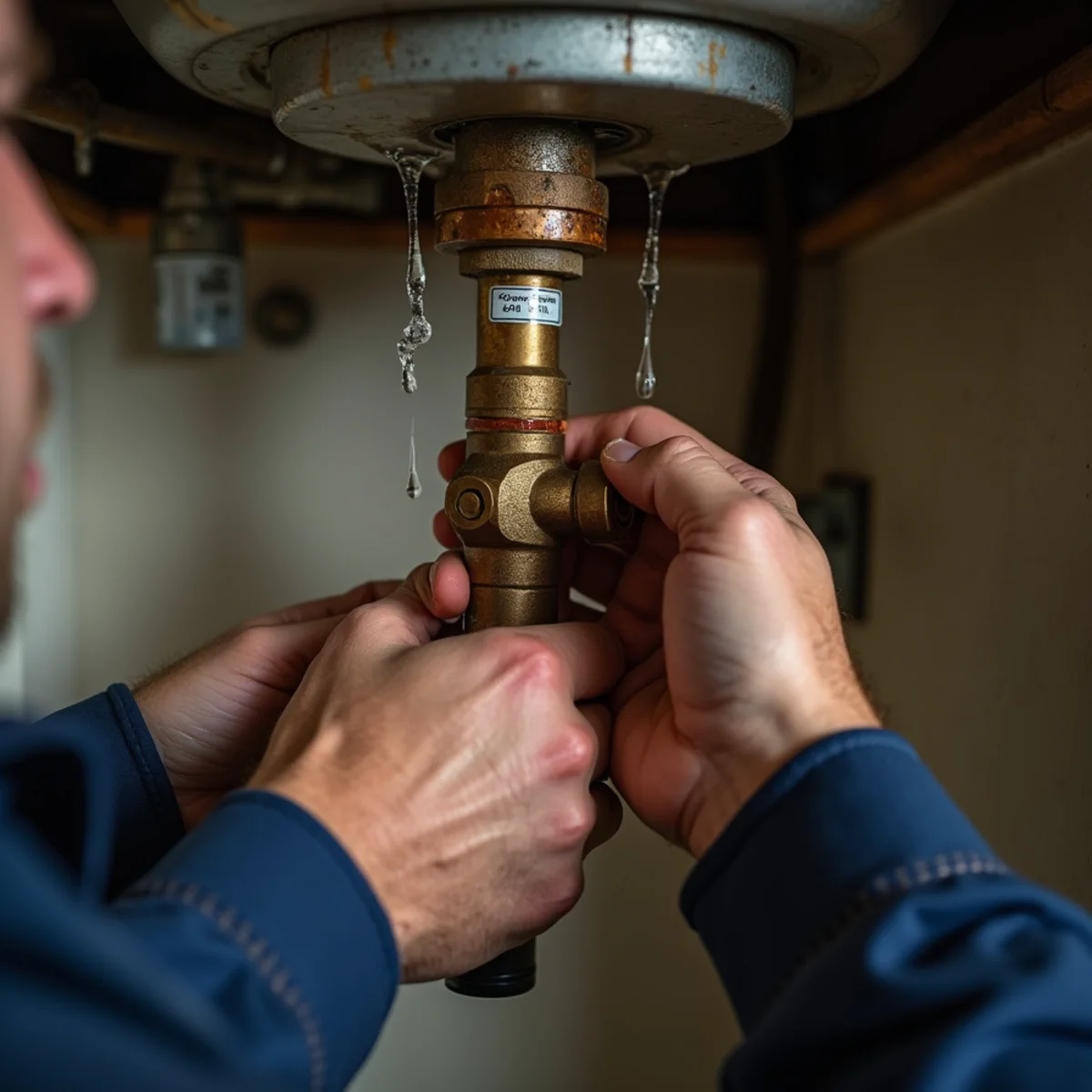 Water spraying from a burst copper pipe under a kitchen sink in a Rocklin home