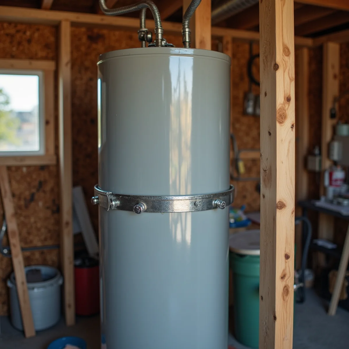 Water heater strapped to a garage wall to meet California earthquake code in Rocklin