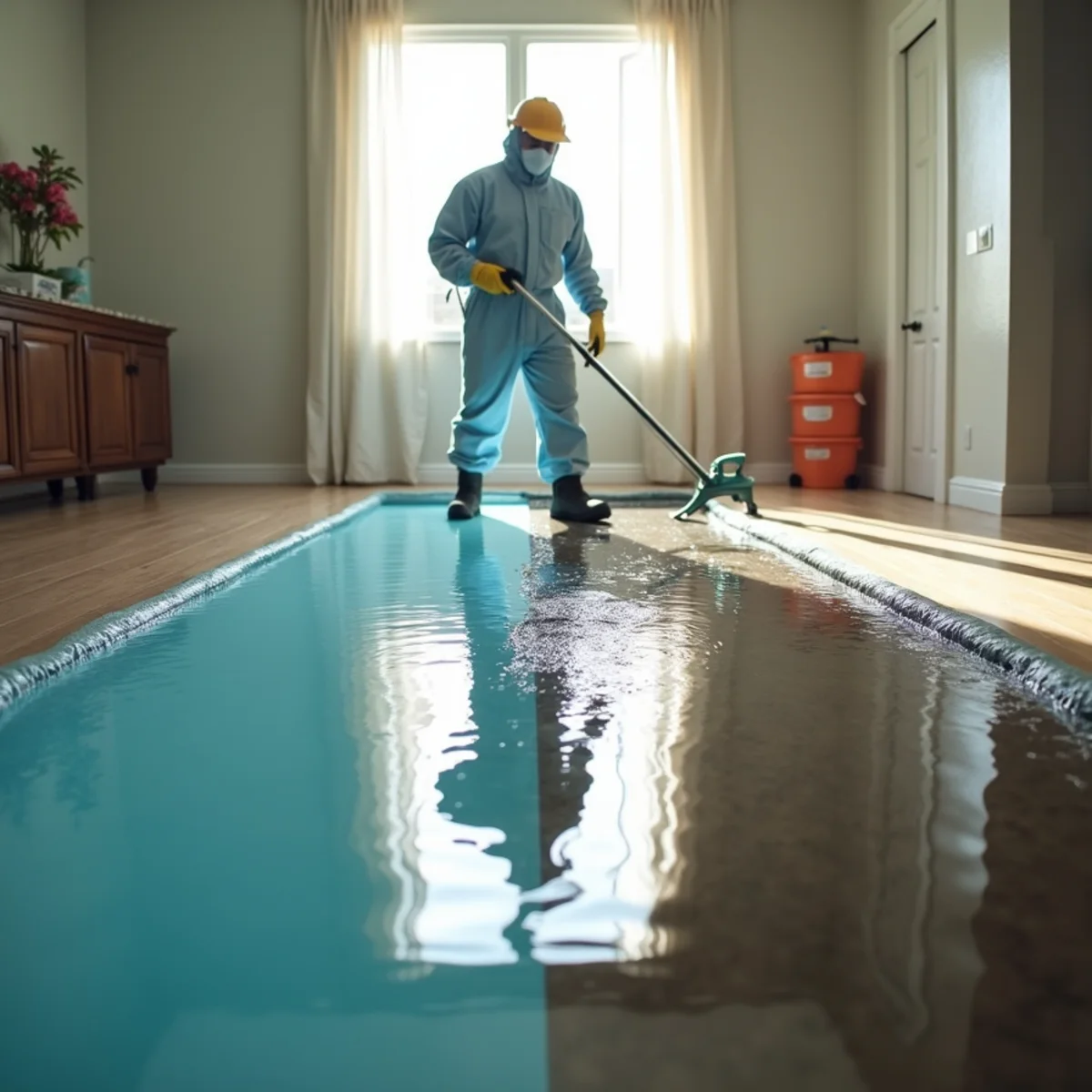 Technician classifying floodwater category before cleanup in a Rocklin, CA home