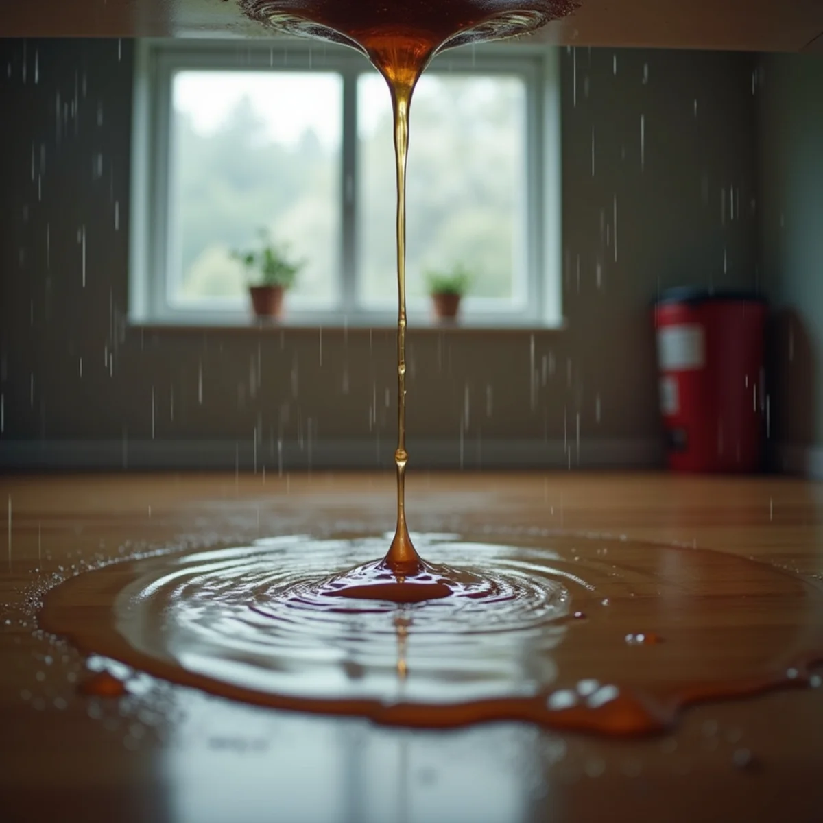Water stain and drip forming on a living room ceiling during a Rocklin storm