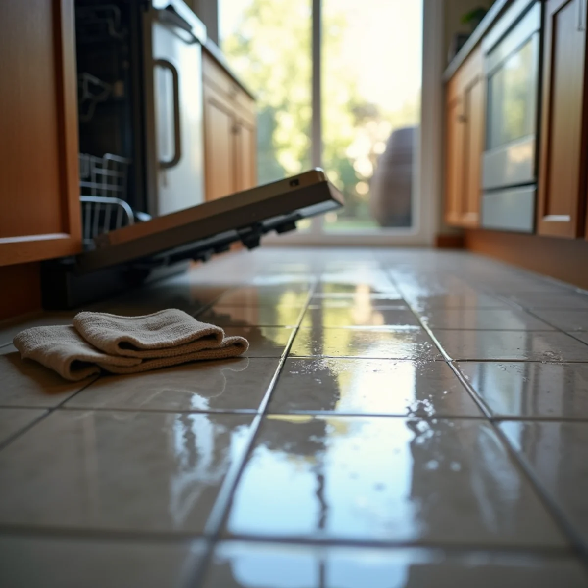 Water spread across a kitchen floor from a leaking dishwasher in a Rocklin home