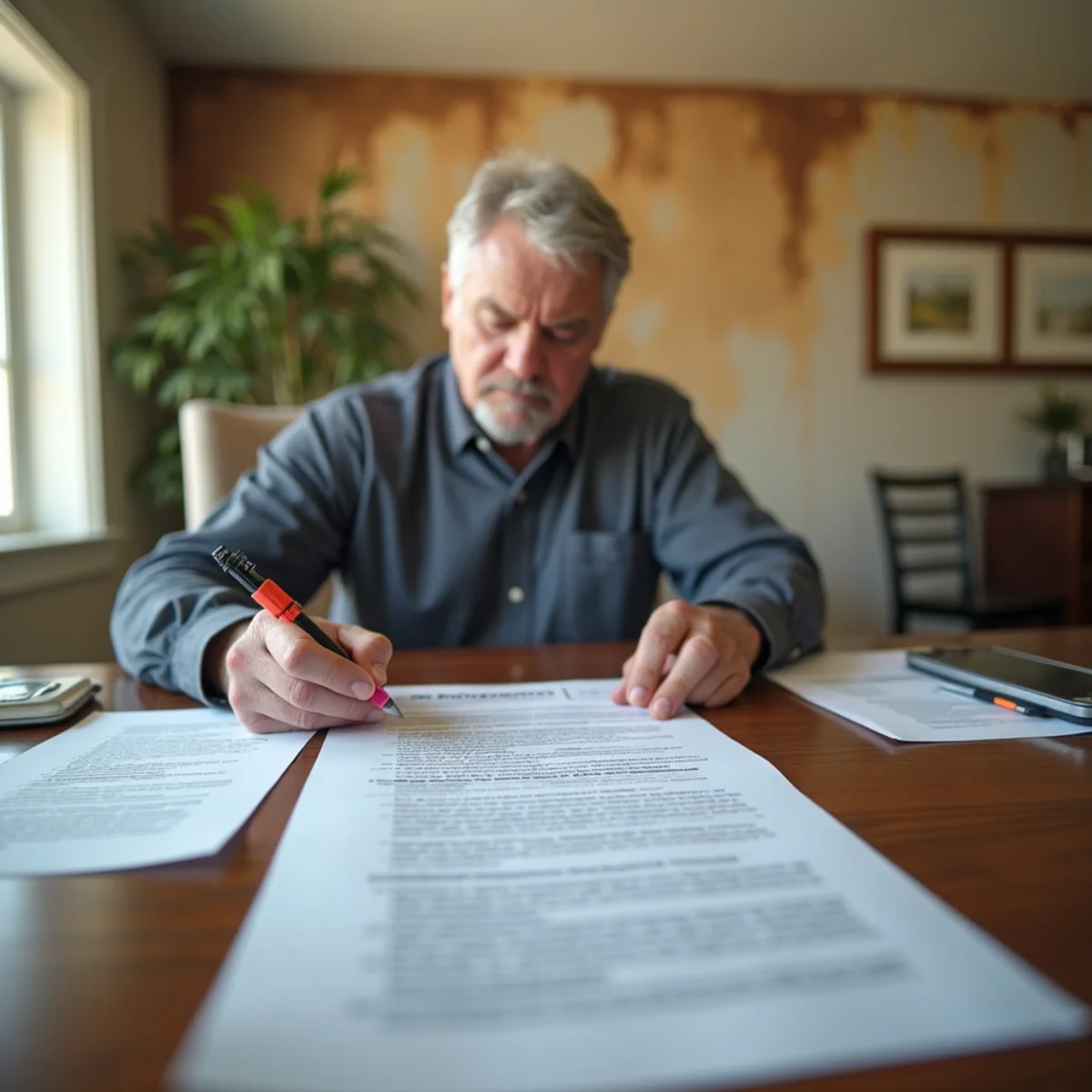 Homeowner reviewing an insurance policy after water damage in a Granite Bay home