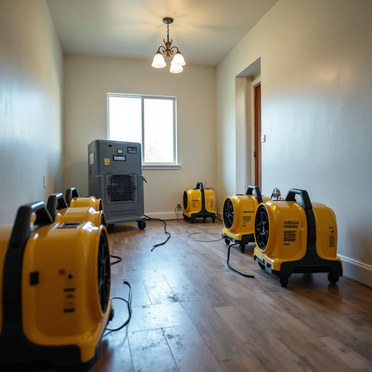 Air movers and a dehumidifier running during structural drying in a Rocklin, CA home
