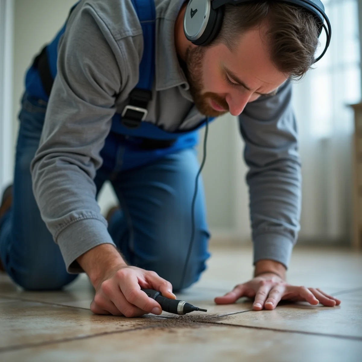 Technician using acoustic equipment to locate a slab leak under concrete in a Rocklin, CA home