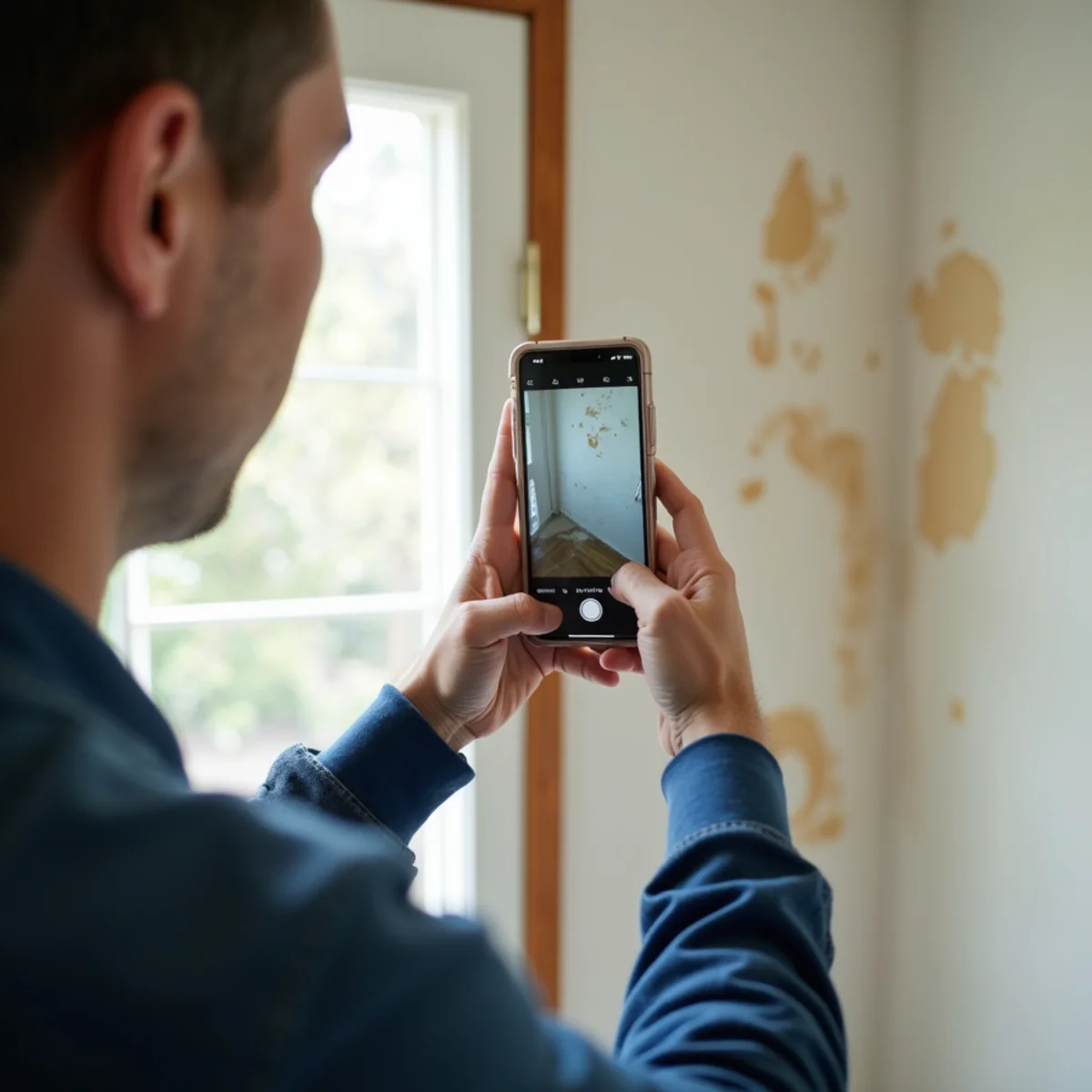 Homeowner photographing water damage on a floor for an insurance claim in Lincoln, CA