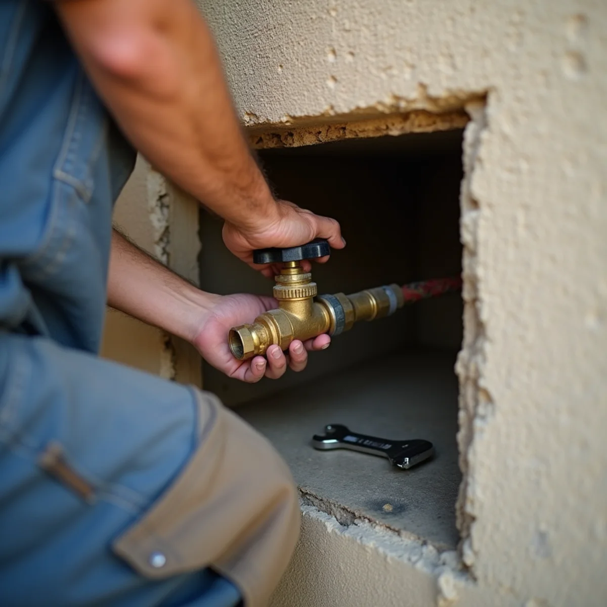 Homeowner turning off a main water shutoff valve in a garage in Roseville, CA