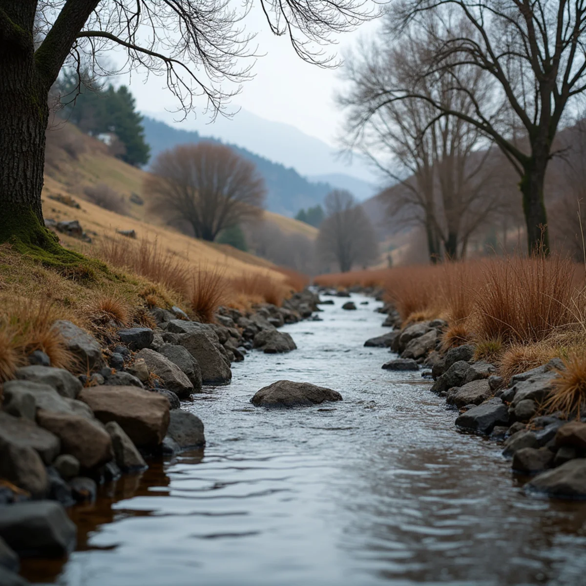 Secret Ravine creek running through a wooded Rocklin neighborhood during winter