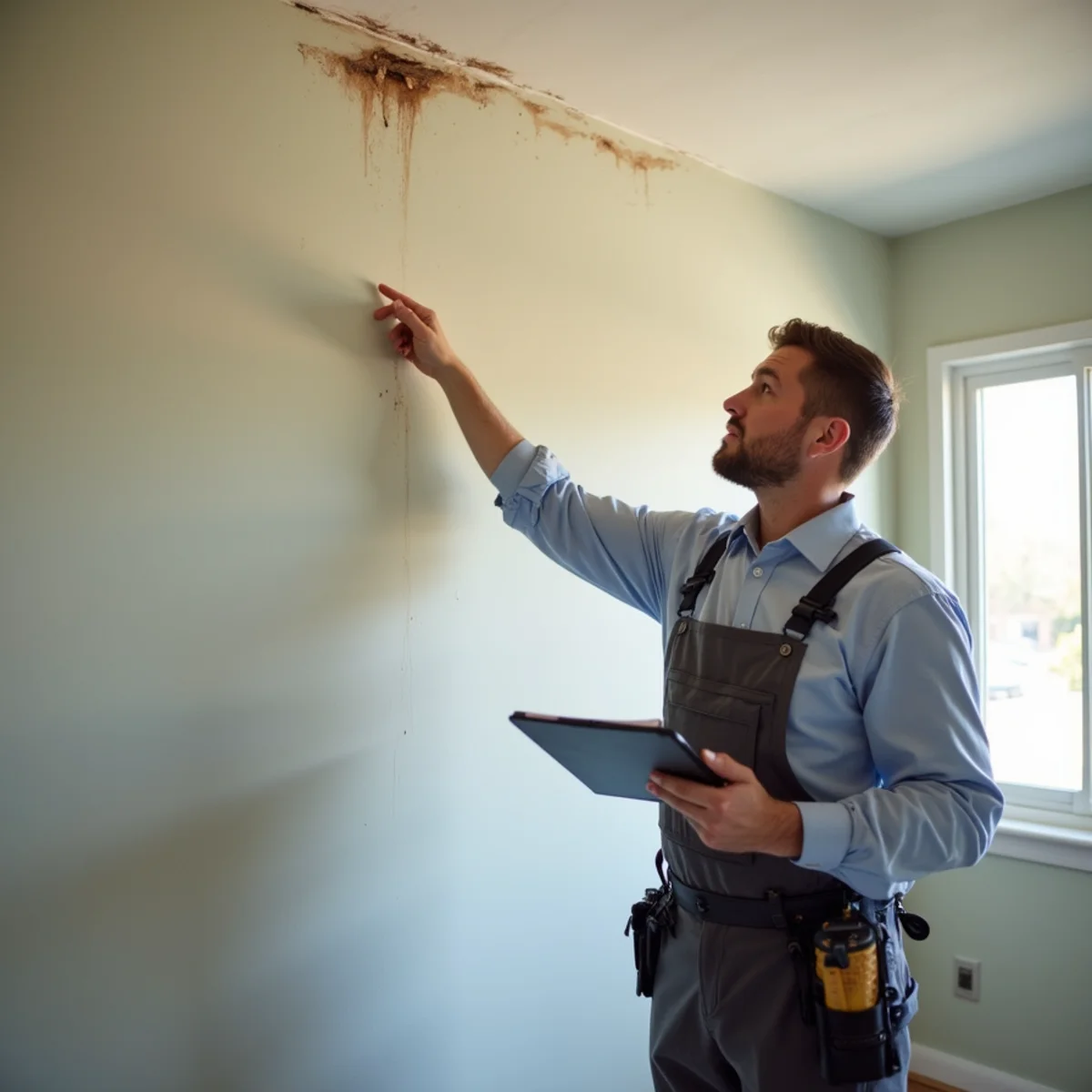 Property manager inspecting water damage in a California rental unit