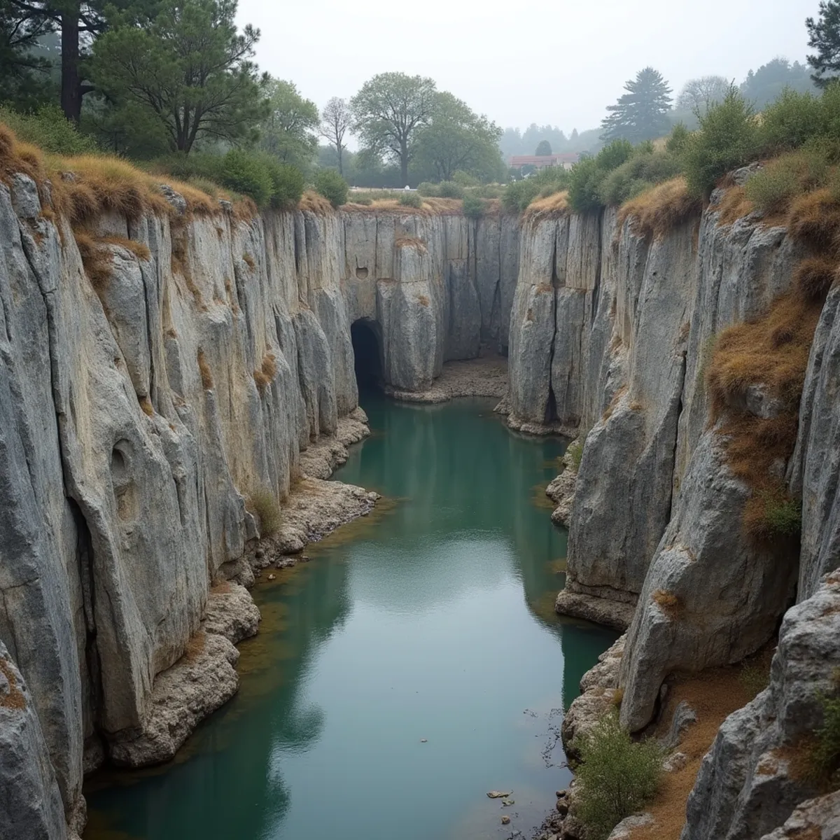 Granite rock walls of a historic quarry near Quarry Park in Rocklin, California