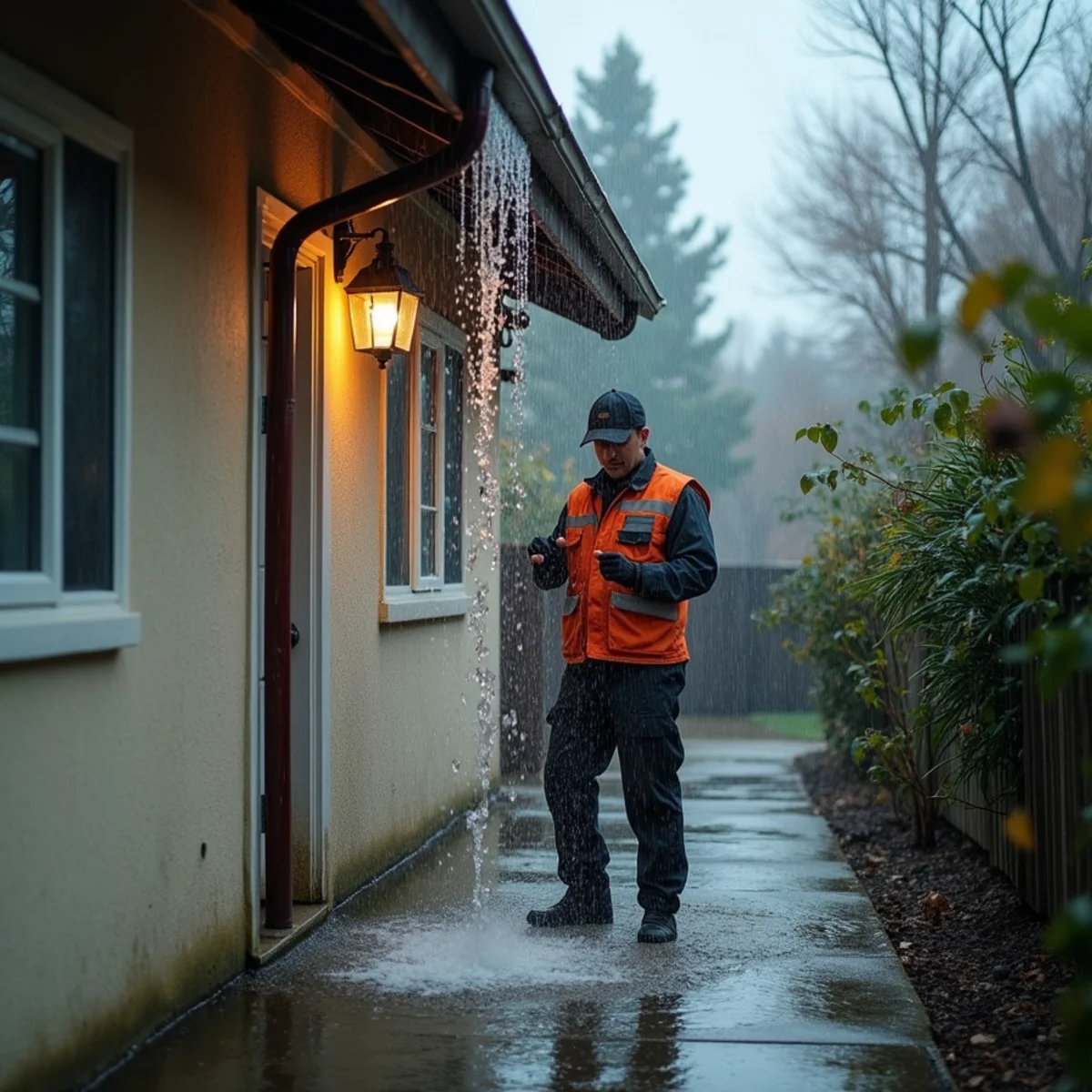Heavy winter rain falling on a Rocklin home during the November to March wet season