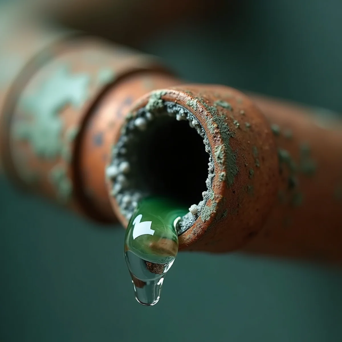 Corroded copper water pipe with a pinhole leak in a Placer County home