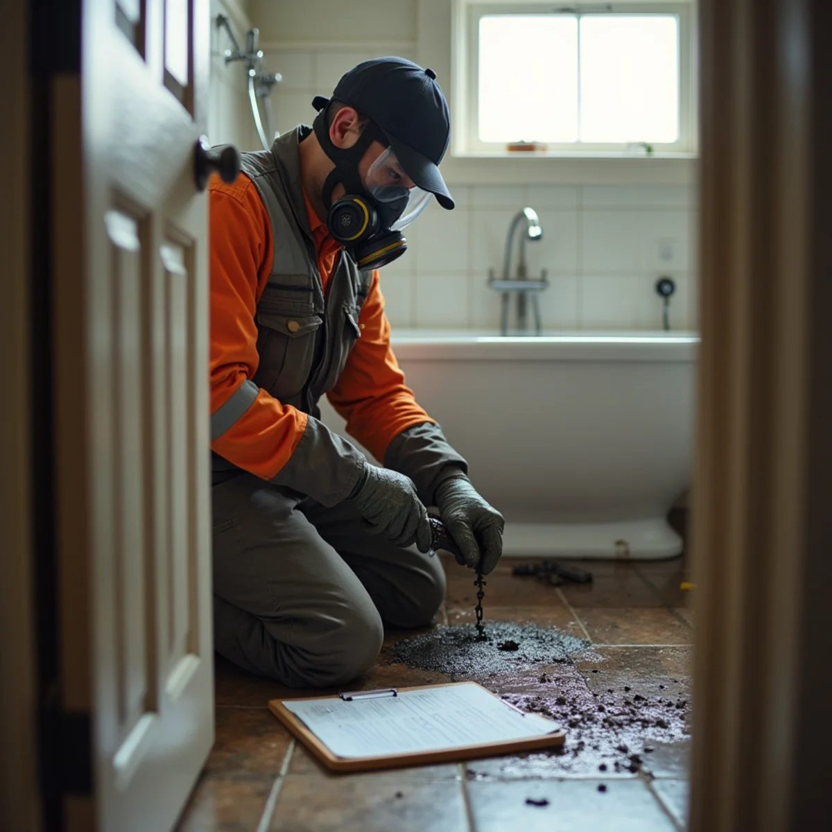 Technician in protective gear cleaning a sewage backup in an Orangevale, CA home