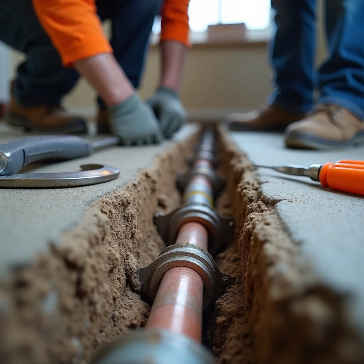 Plumber and restoration crew addressing a slab leak in a Rocklin home foundation