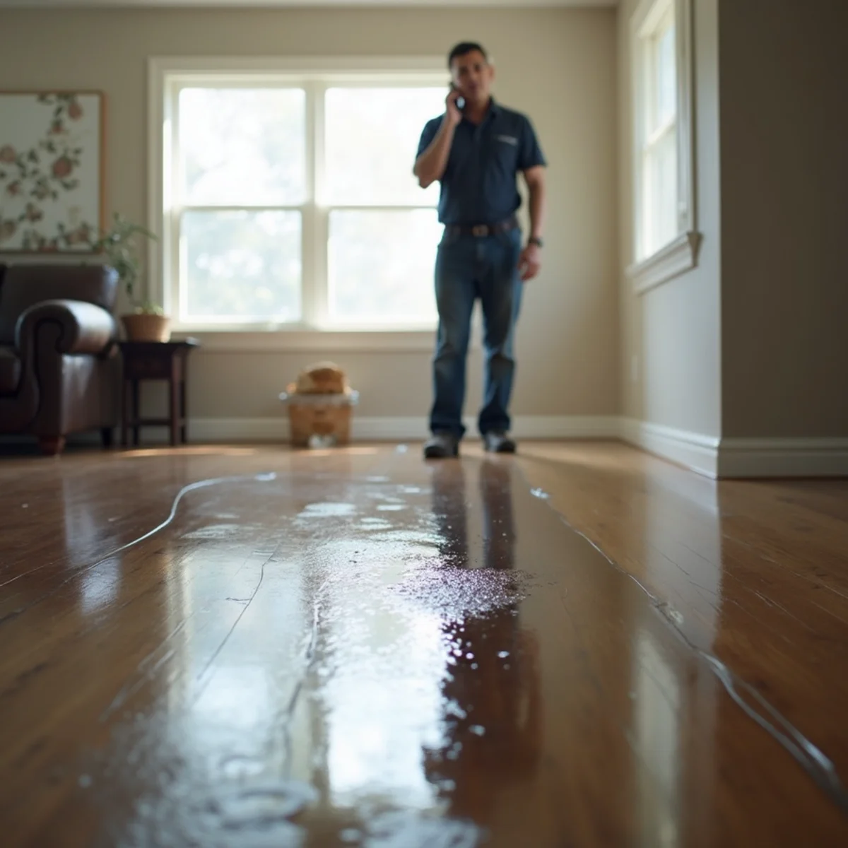 Standing floodwater across a living room floor in a Rocklin home