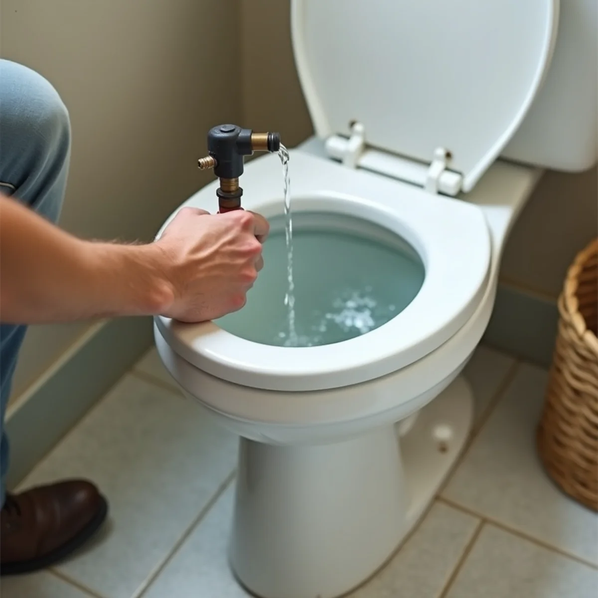 Overflowing toilet with water spilling onto a bathroom floor in a Rocklin home