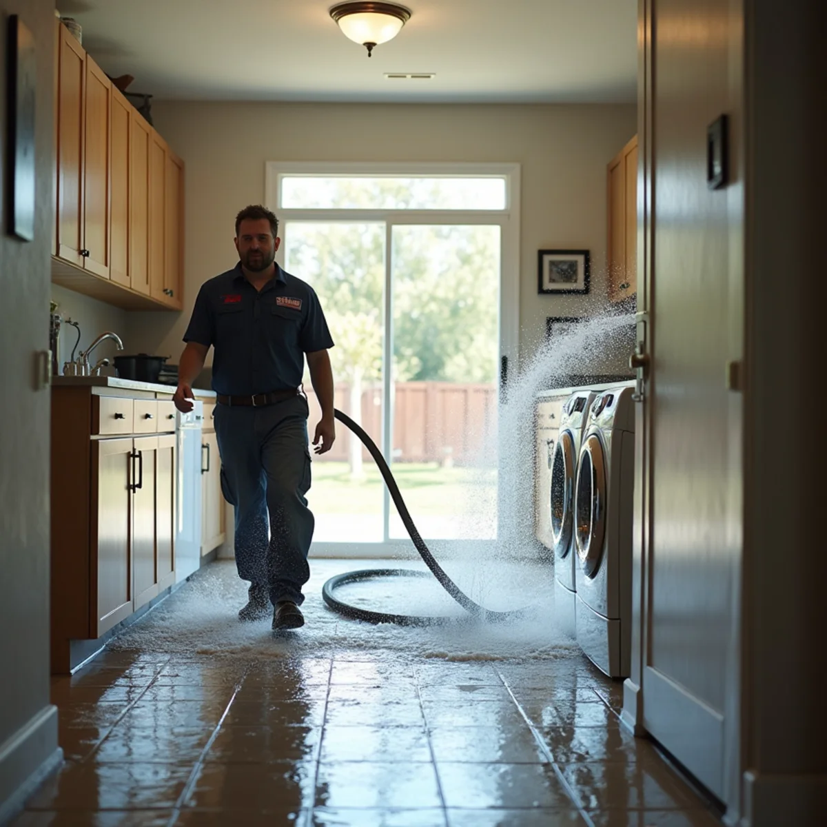 Burst washing machine supply hose flooding a laundry room floor in a Rocklin home