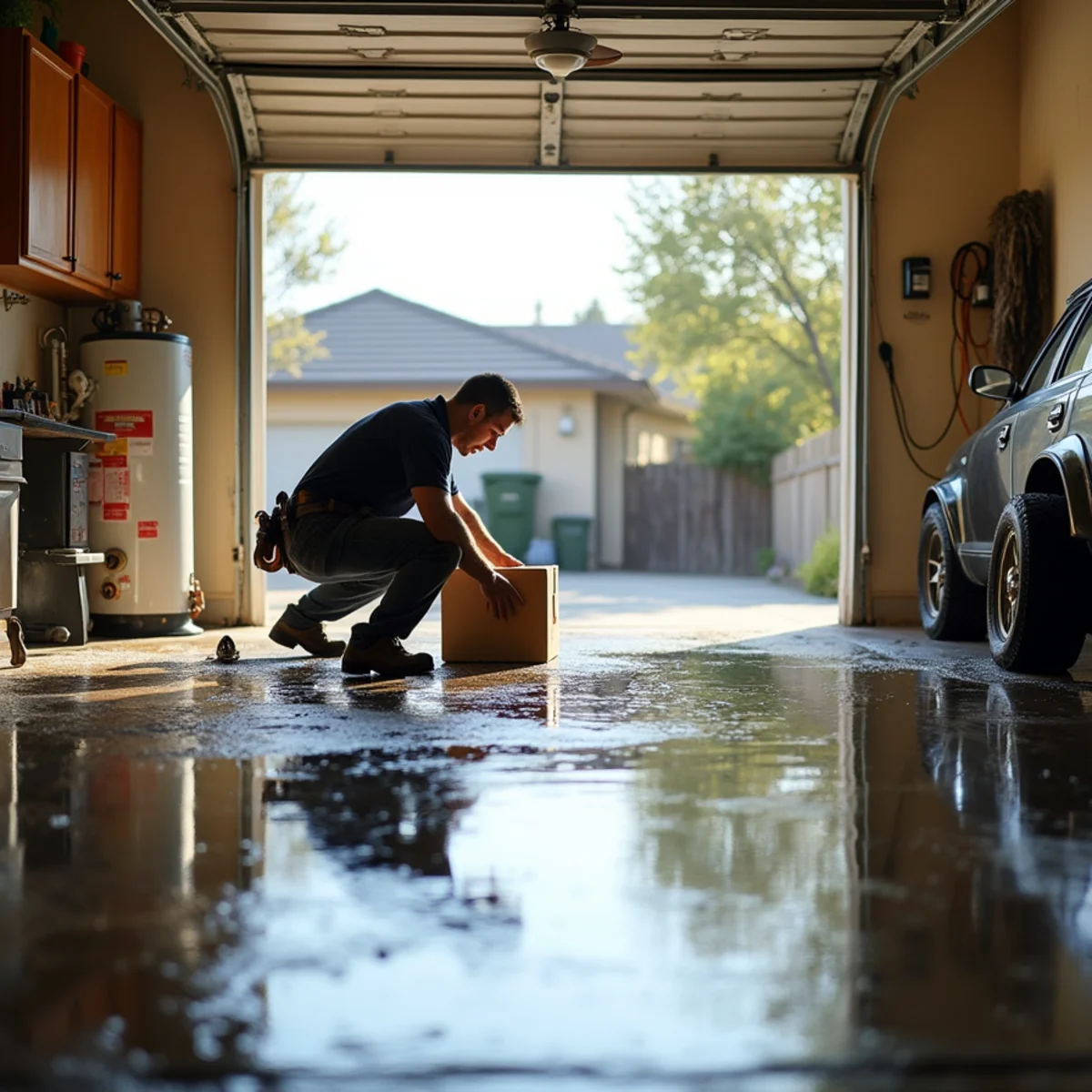 Failed water heater leaking across a flooded garage floor in a Rocklin home
