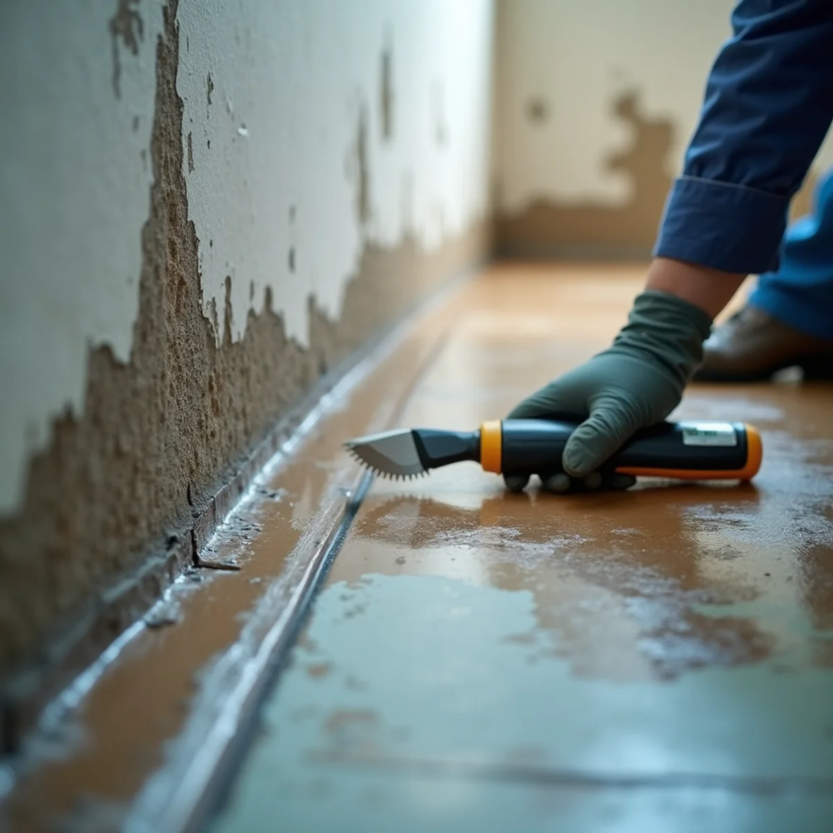 Technician checking wet drywall with a moisture meter after a leak in a Rocklin, CA home