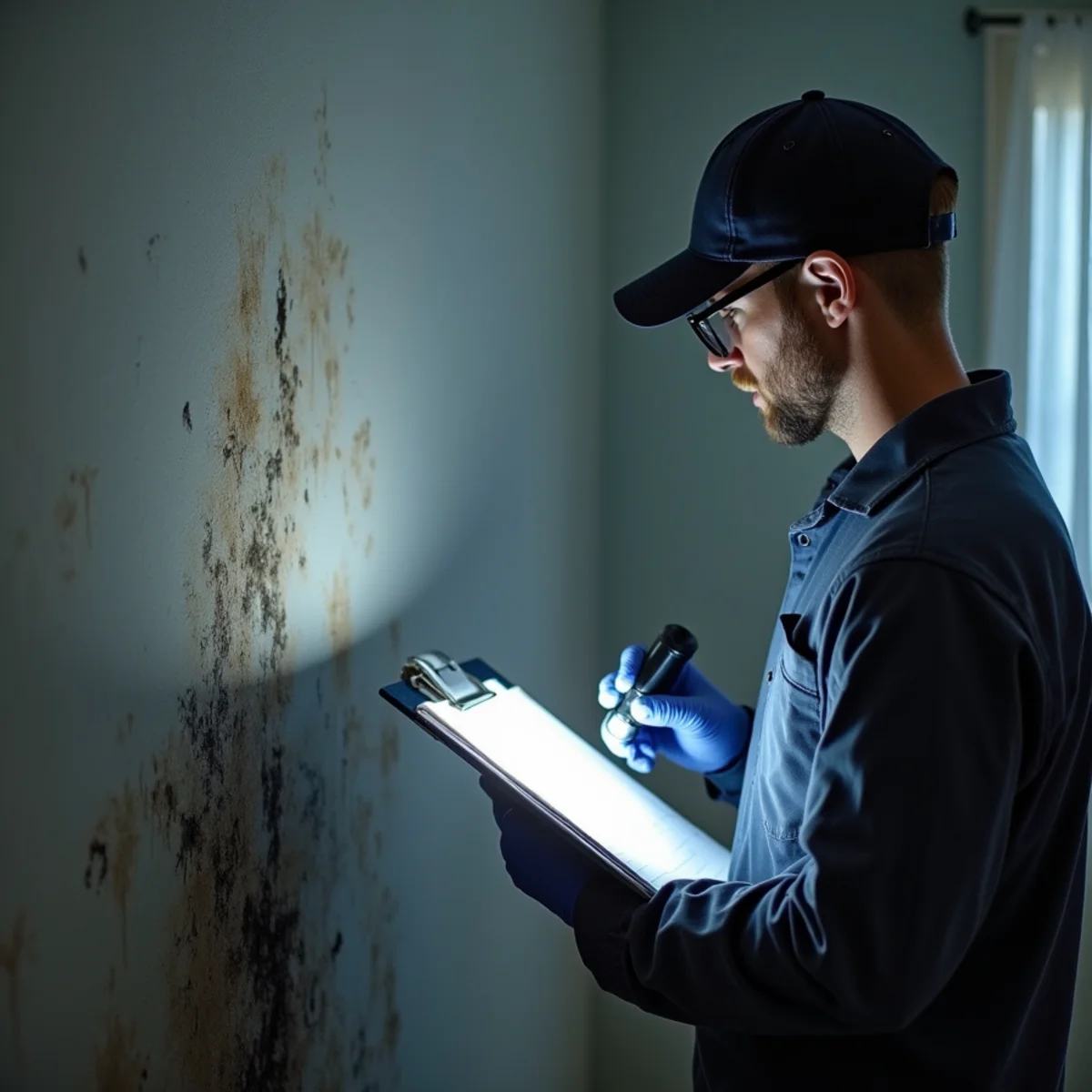 Mold remediation specialist inspecting mold growth on drywall in a Loomis, CA home