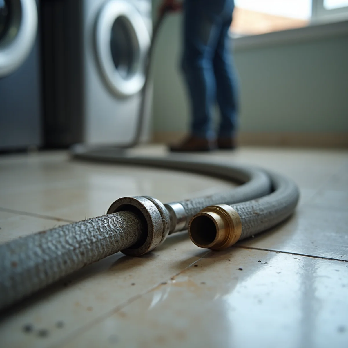 Stainless-steel braided washing machine hoses and a water heater in a garage