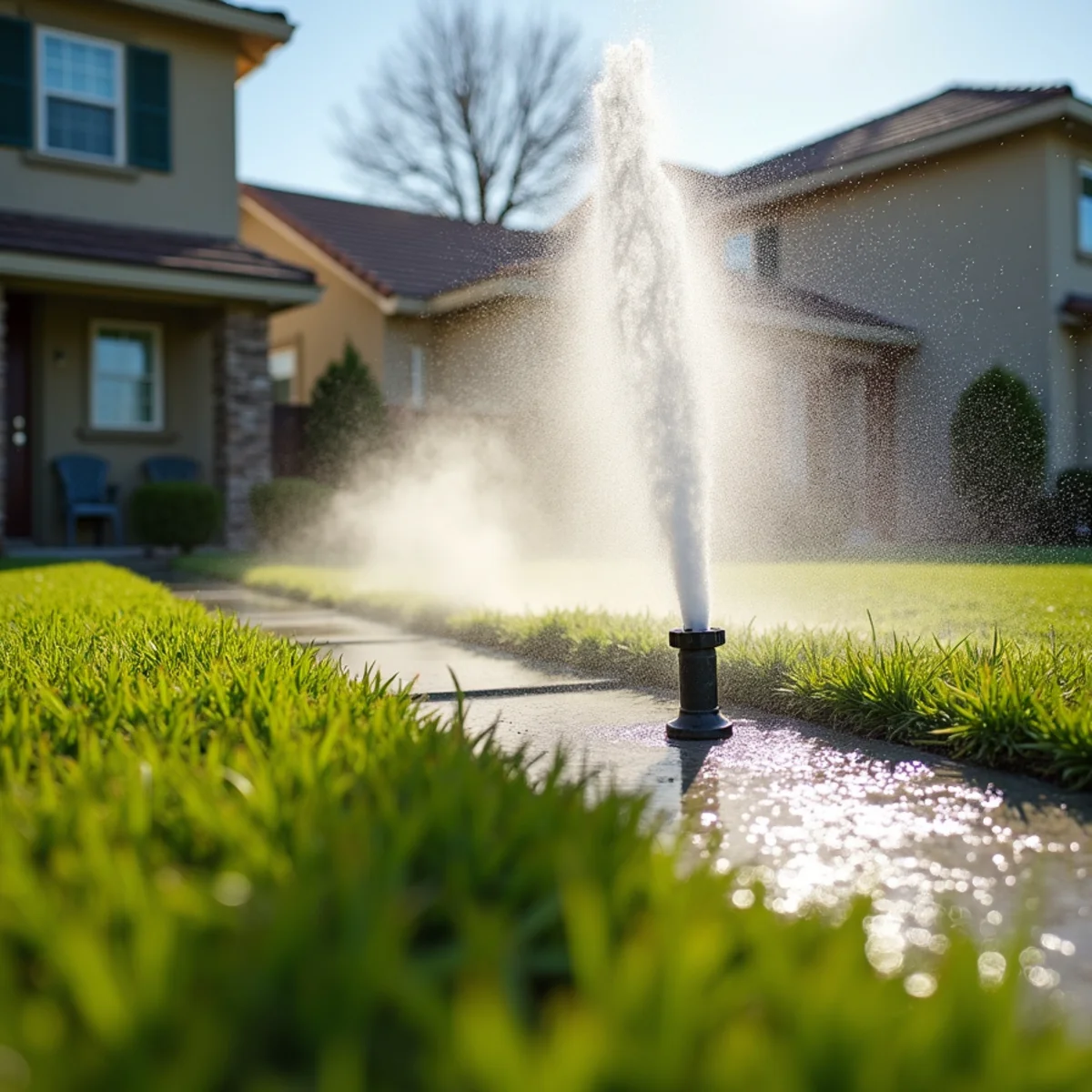 Broken HOA irrigation sprinkler line flooding a Whitney Ranch common area in Rocklin