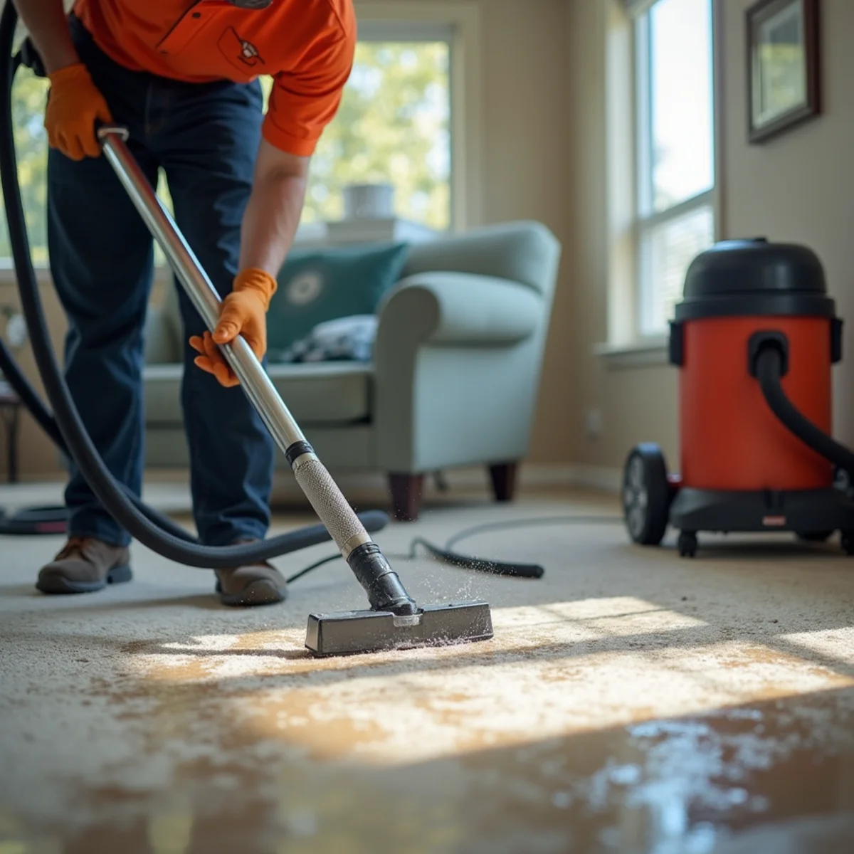 Professional water extraction unit pulling water from a soaked carpet in a Rocklin, CA home