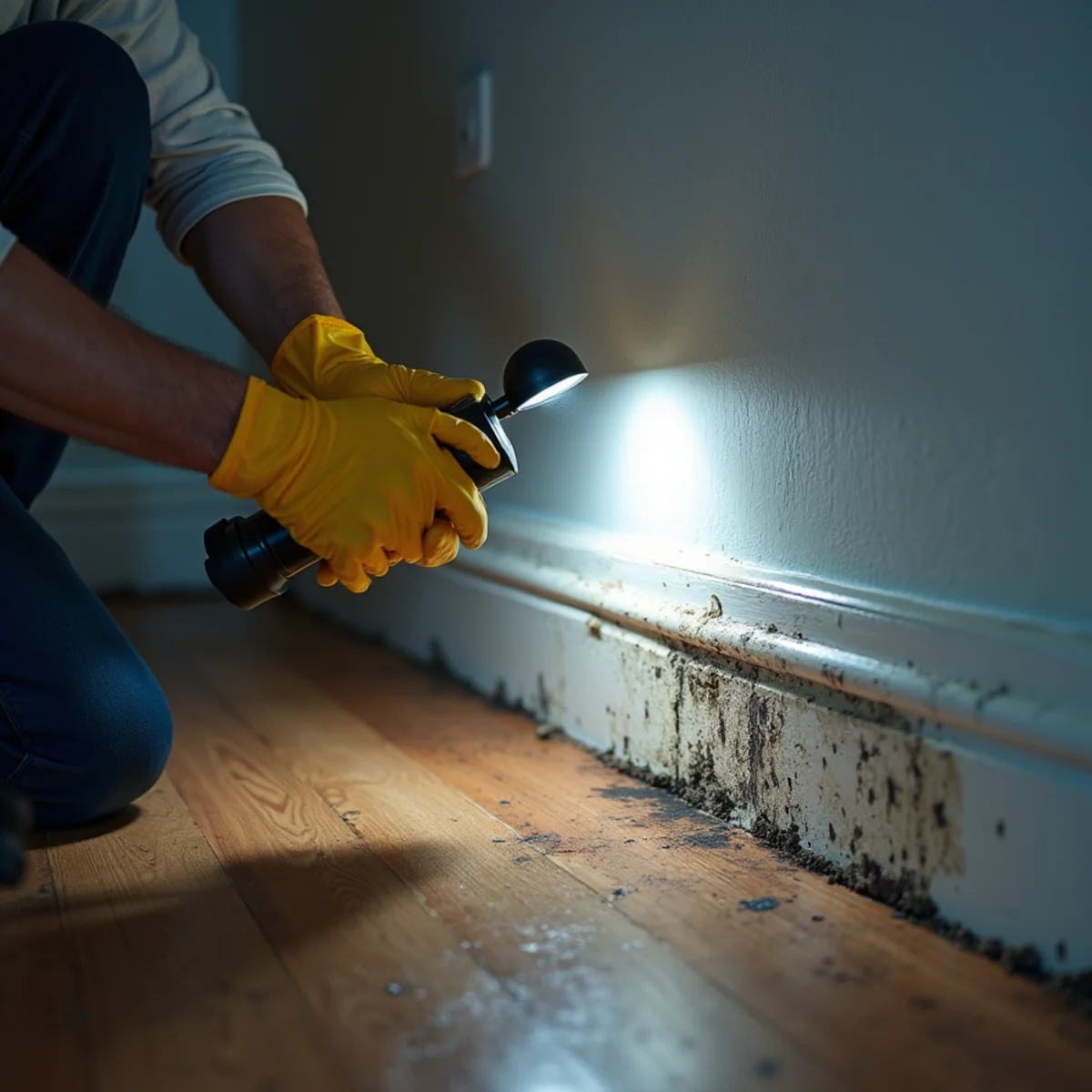 Homeowner noticing a musty odor near a baseboard after a leak in a Rocklin, CA home