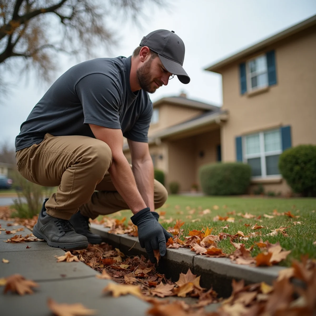 Homeowner cleaning gutters on a Sacramento Valley home before winter storms