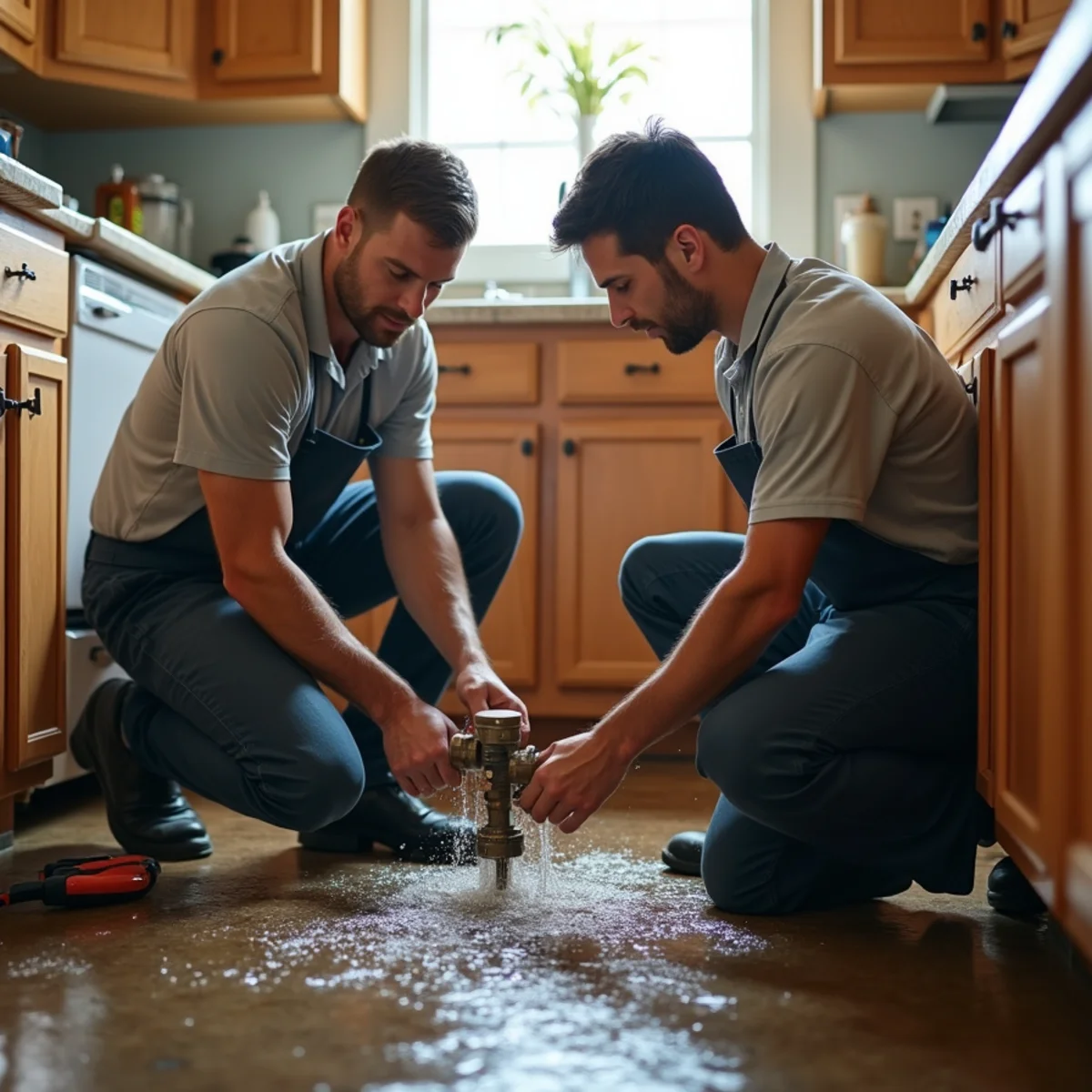 Technician cleaning up water from a burst pipe in a Rocklin, CA home