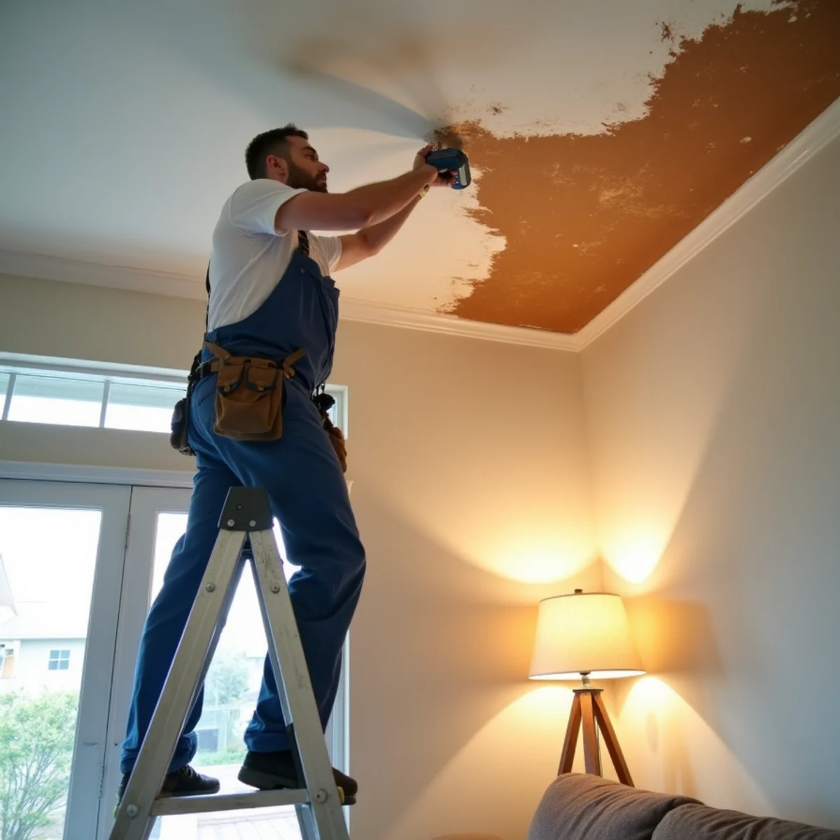 Water-stained and sagging ceiling being repaired in a Rocklin, CA home