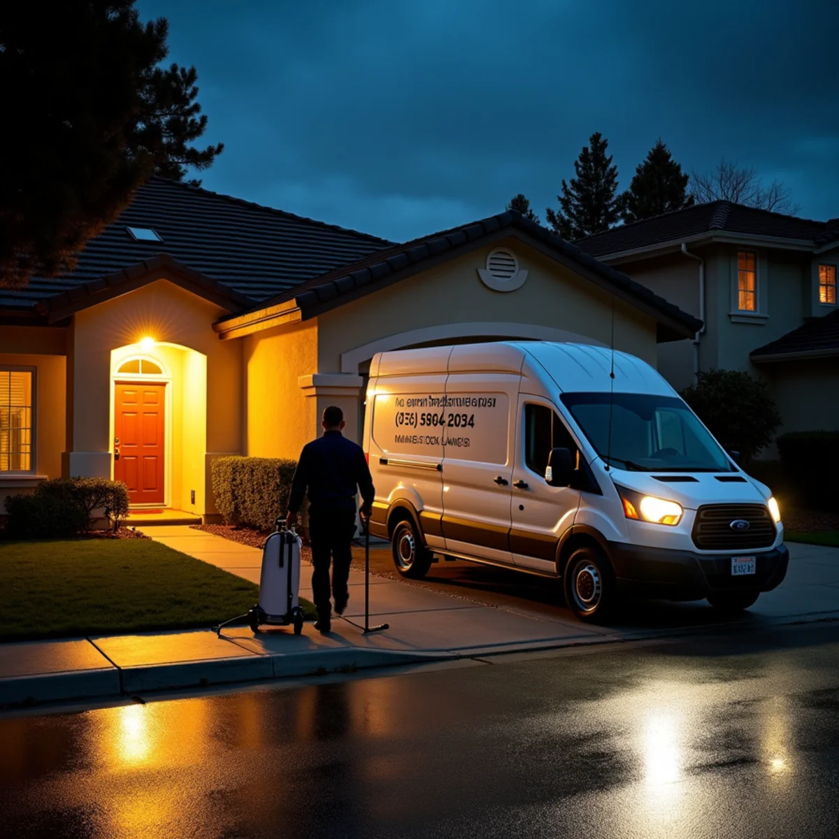 Emergency water removal crew responding to a late-night flood in a Rocklin, CA home