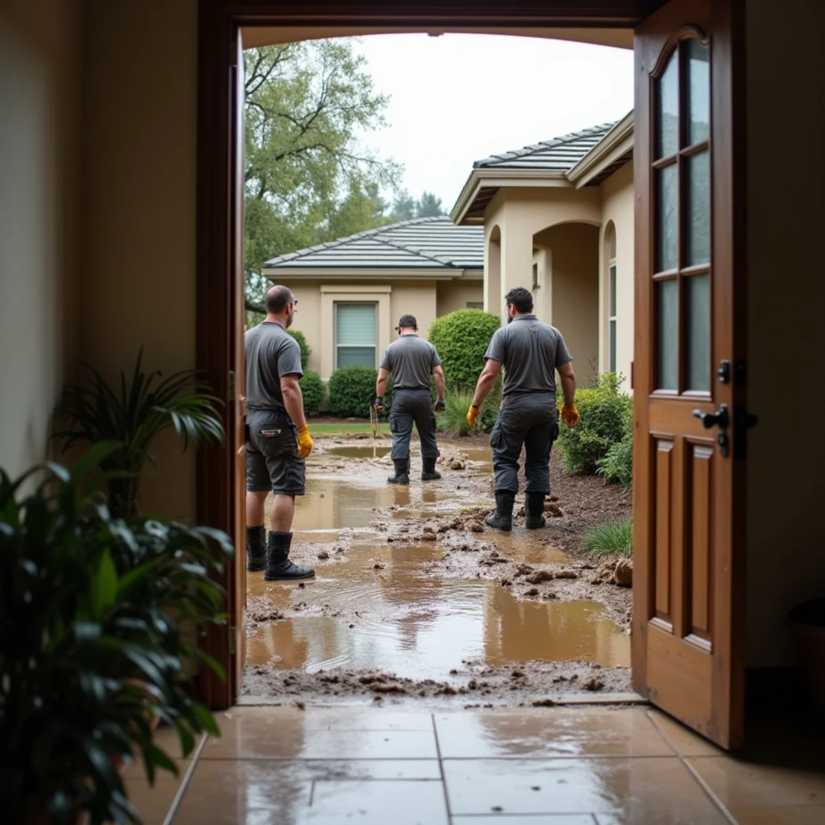 Flood cleanup crew removing water and debris from a flooded Rocklin home