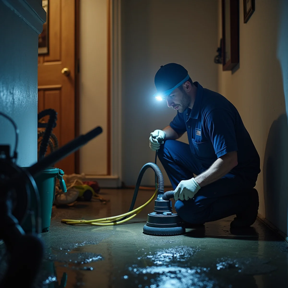 Crew pumping water out of a flooded crawl space at a Rocklin, CA home