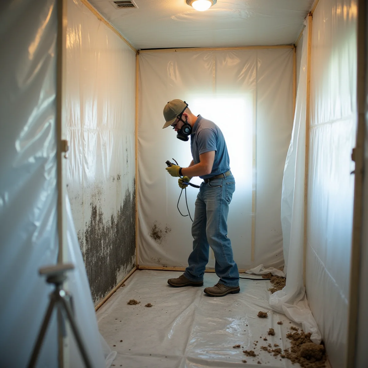Mold remediation specialist removing mold from drywall in a Rocklin home