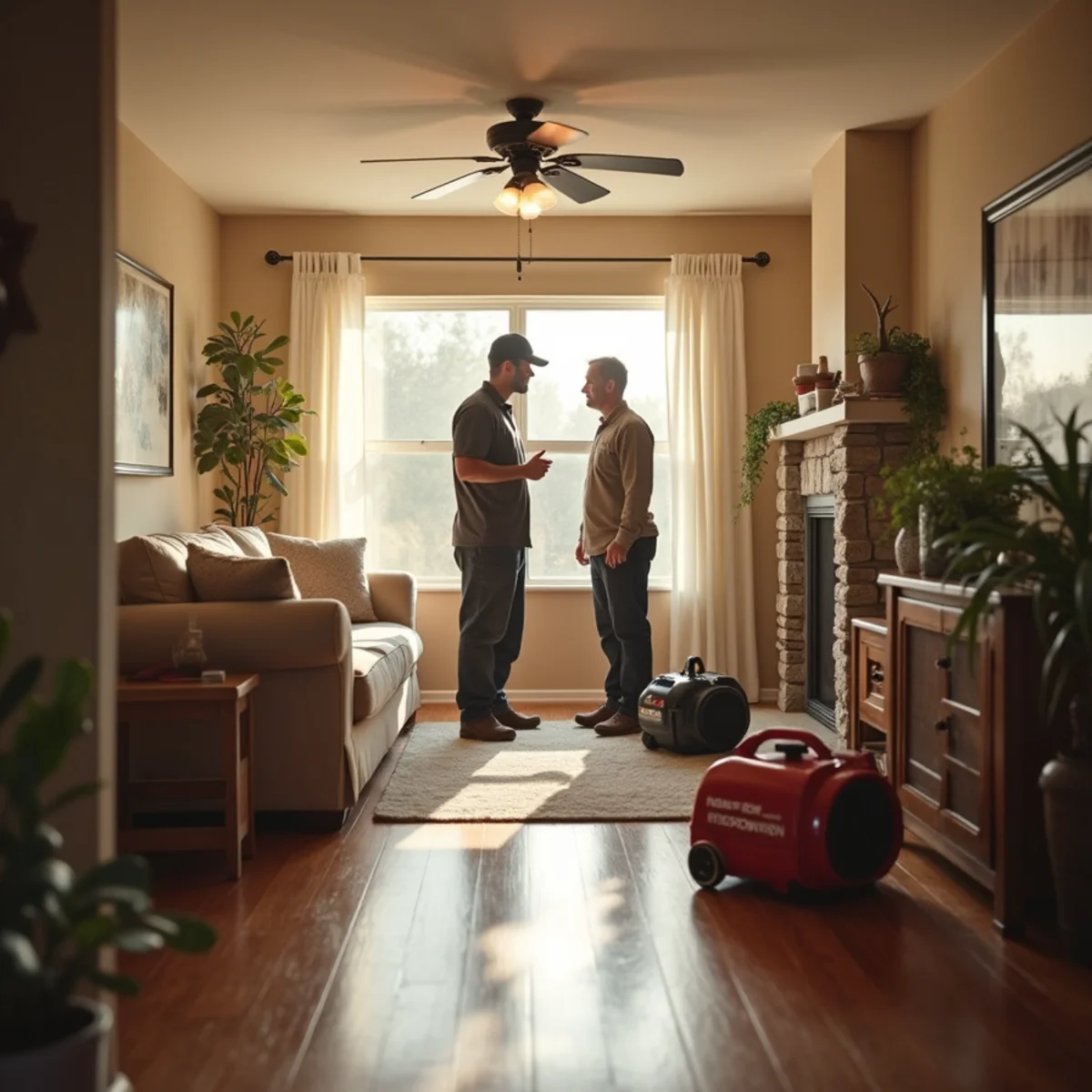Residential water damage restoration technician drying a Rocklin, CA family home