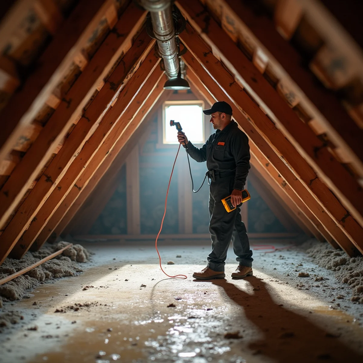 Water damage from a roof leak being restored in a Rocklin, CA home ceiling and attic