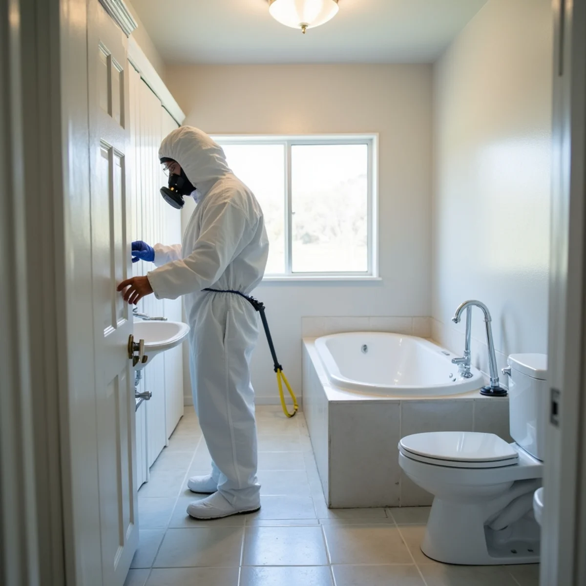 Technician in protective gear cleaning a sewage backup in a Rocklin home