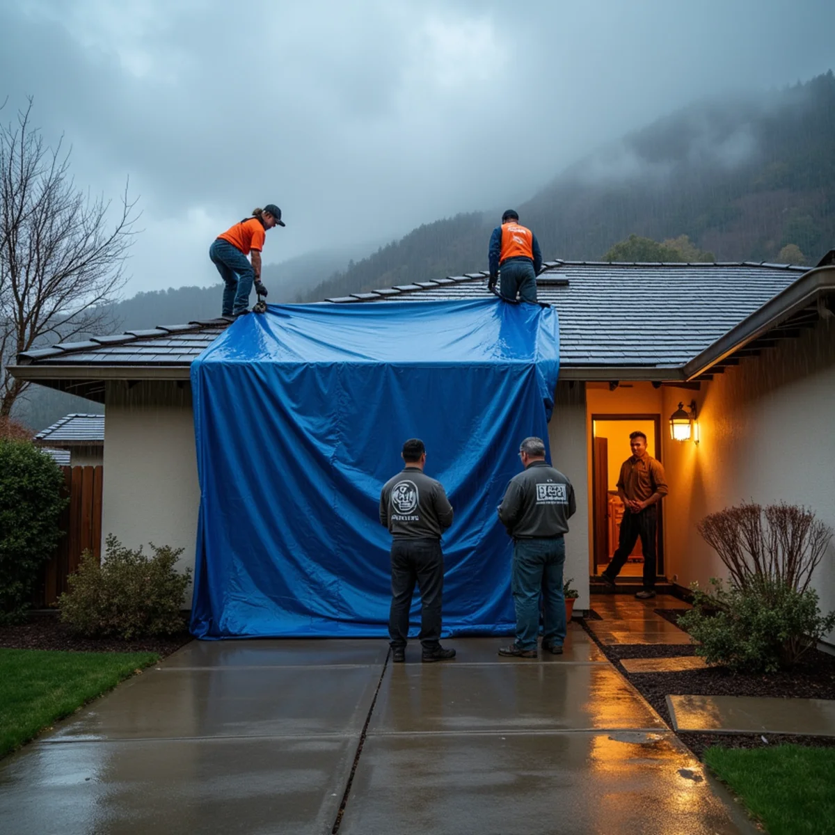 Crew tarping a storm-damaged roof and extracting water at a Rocklin, CA home