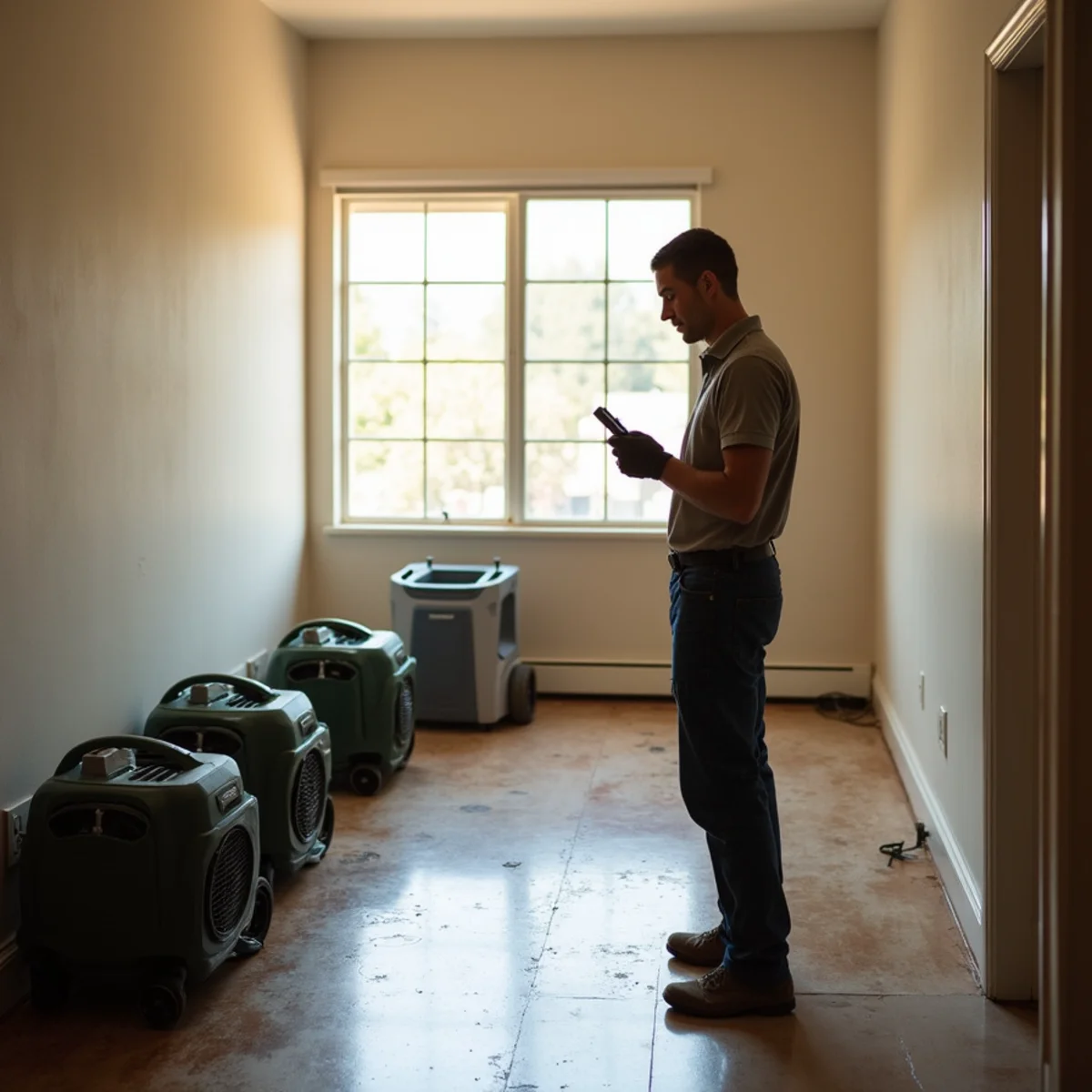 Air movers and dehumidifiers drying a water-damaged room in Rocklin, CA