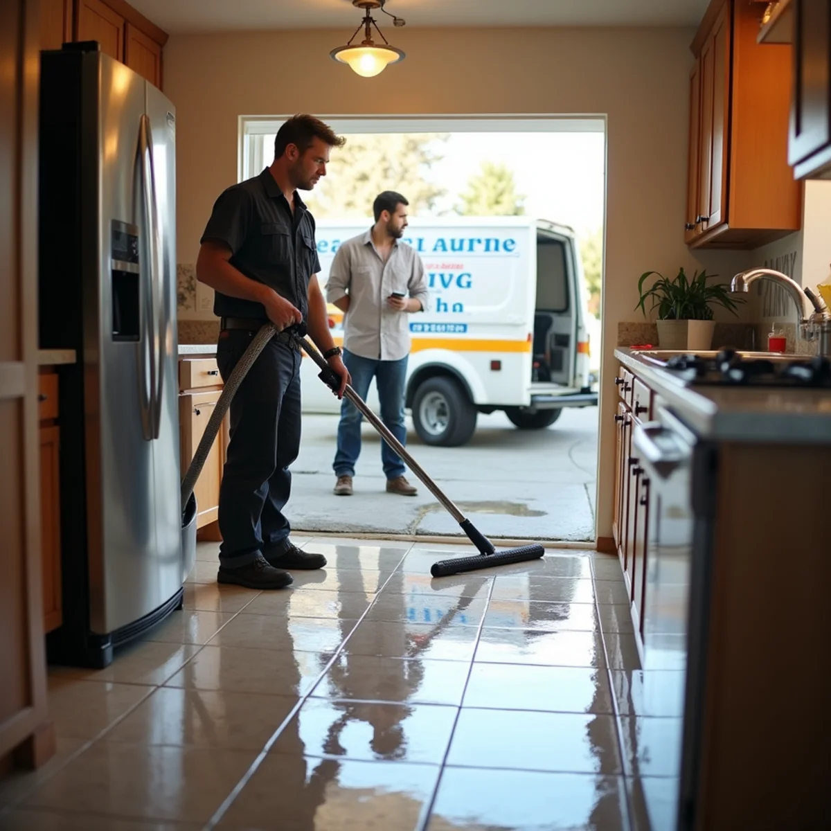 Water extraction crew removing standing water from a flooded Rocklin home