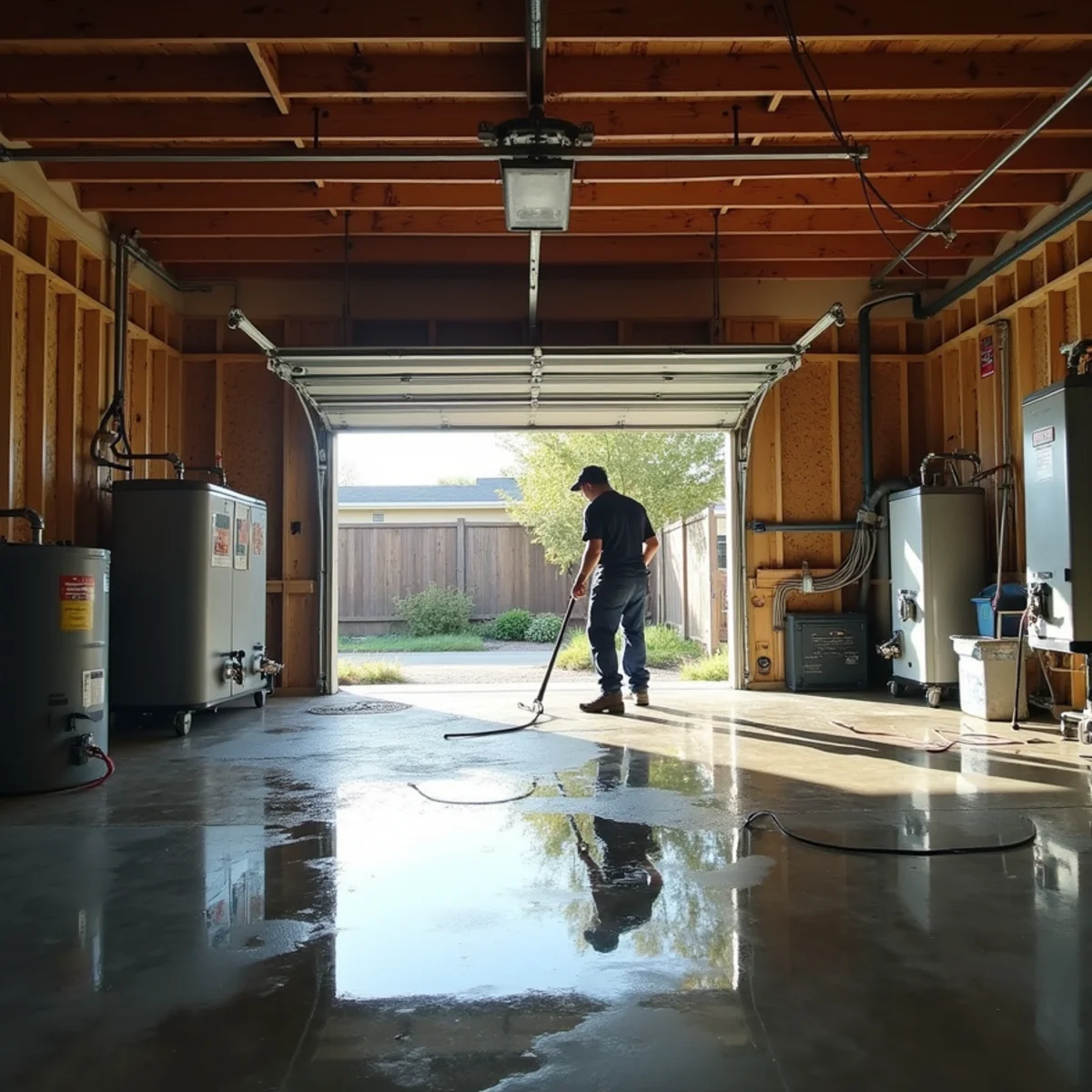Crew cleaning up water from a leaking water heater in a Rocklin, CA garage